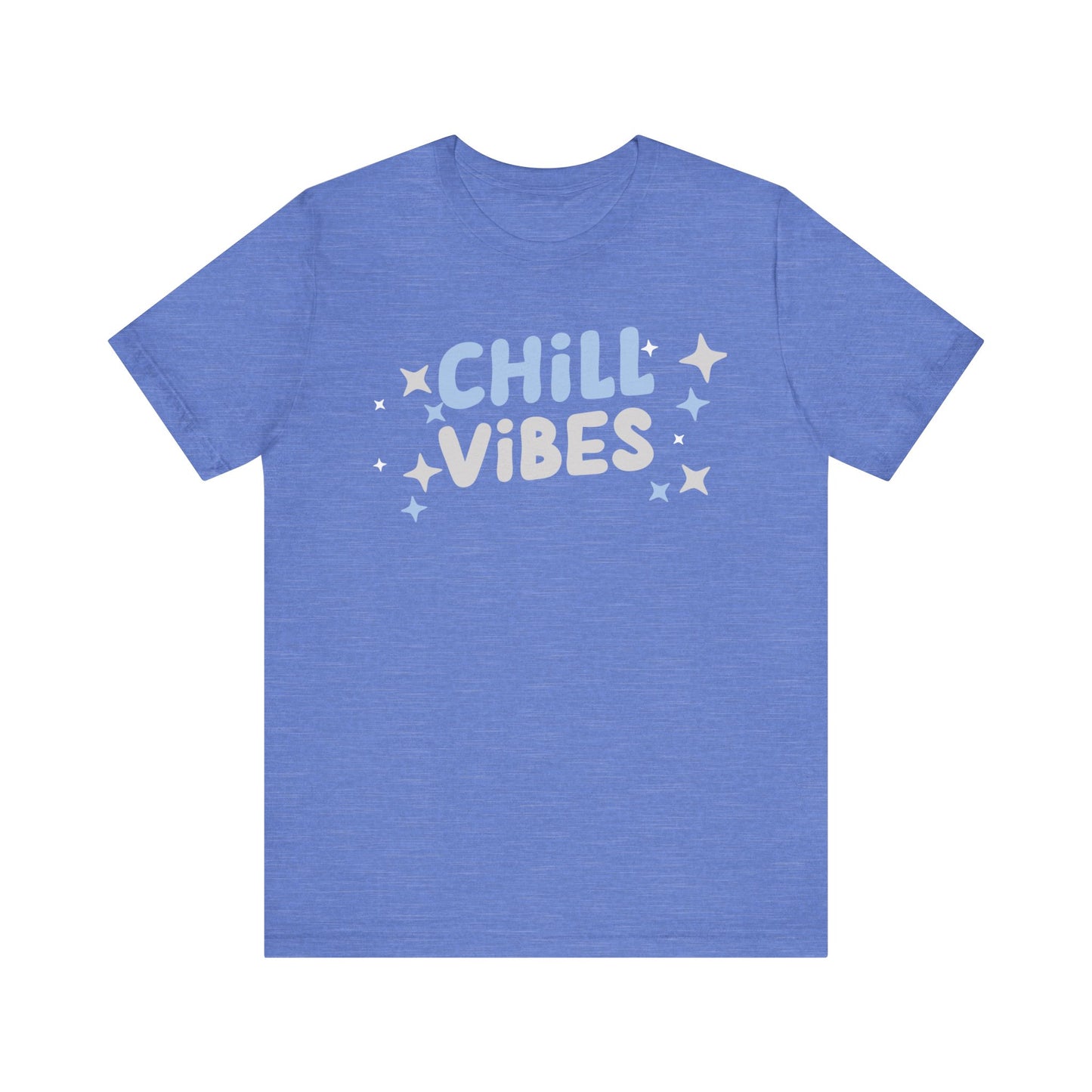 Cotton graphic tee stating 'Chill Vibes' in color heather columbia blue