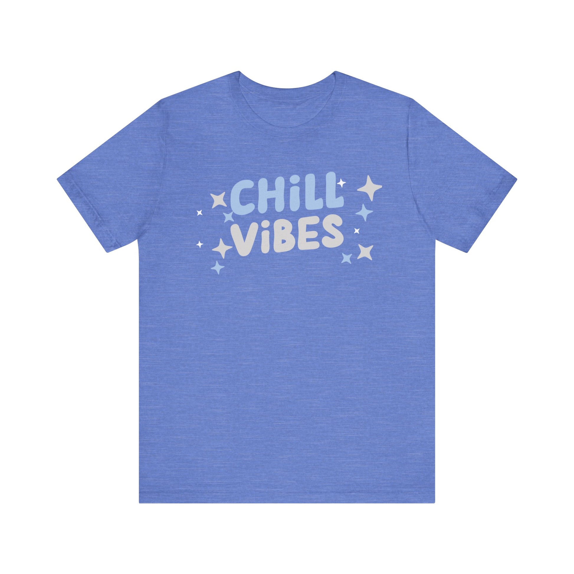 Cotton graphic tee stating 'Chill Vibes' in color heather columbia blue