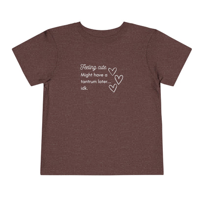 Comfortable funny graphic toddler tee stating 'Feeling cute. Might have a tantrum later...idk' in color heather maroon