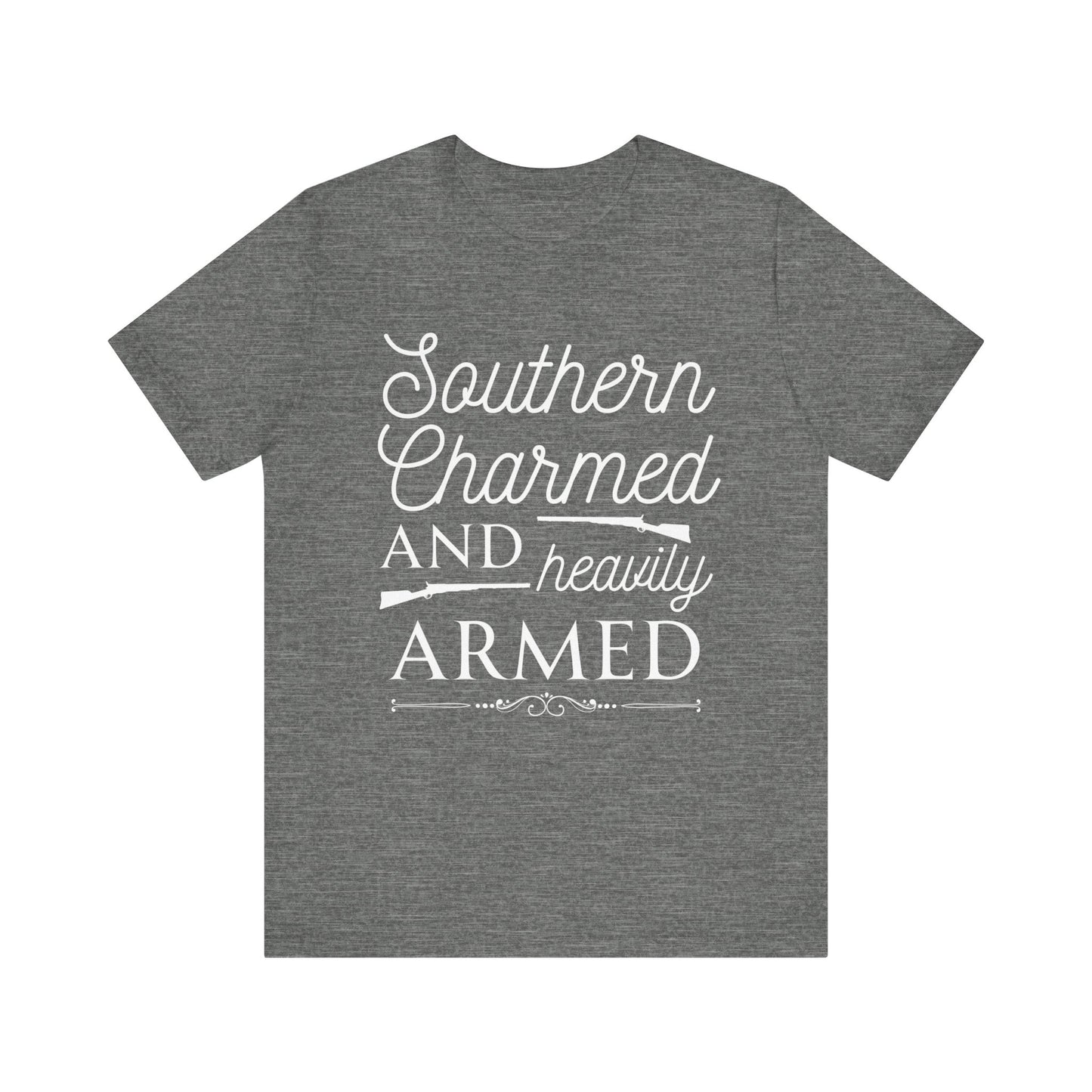 Adult unisex t-shirt stating 'Southern Charmed and Heavily Armed' in color deep heather