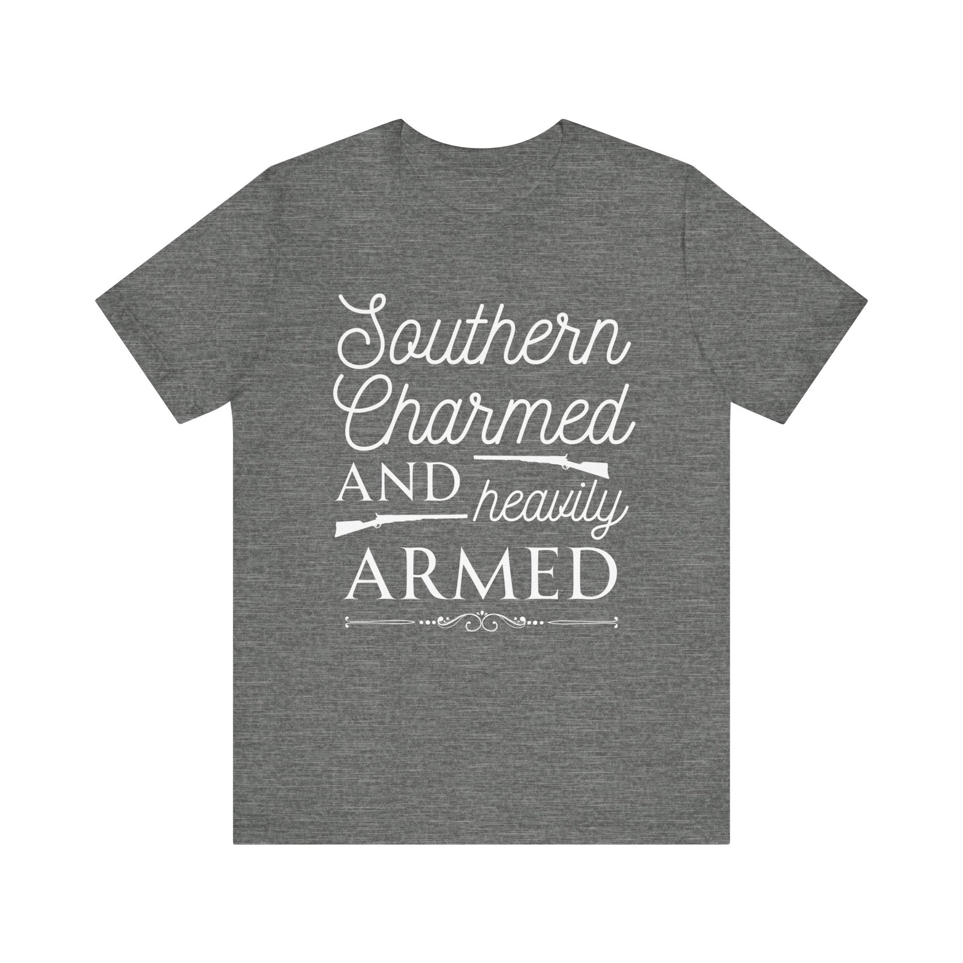 Adult unisex t-shirt stating 'Southern Charmed and Heavily Armed' in color deep heather