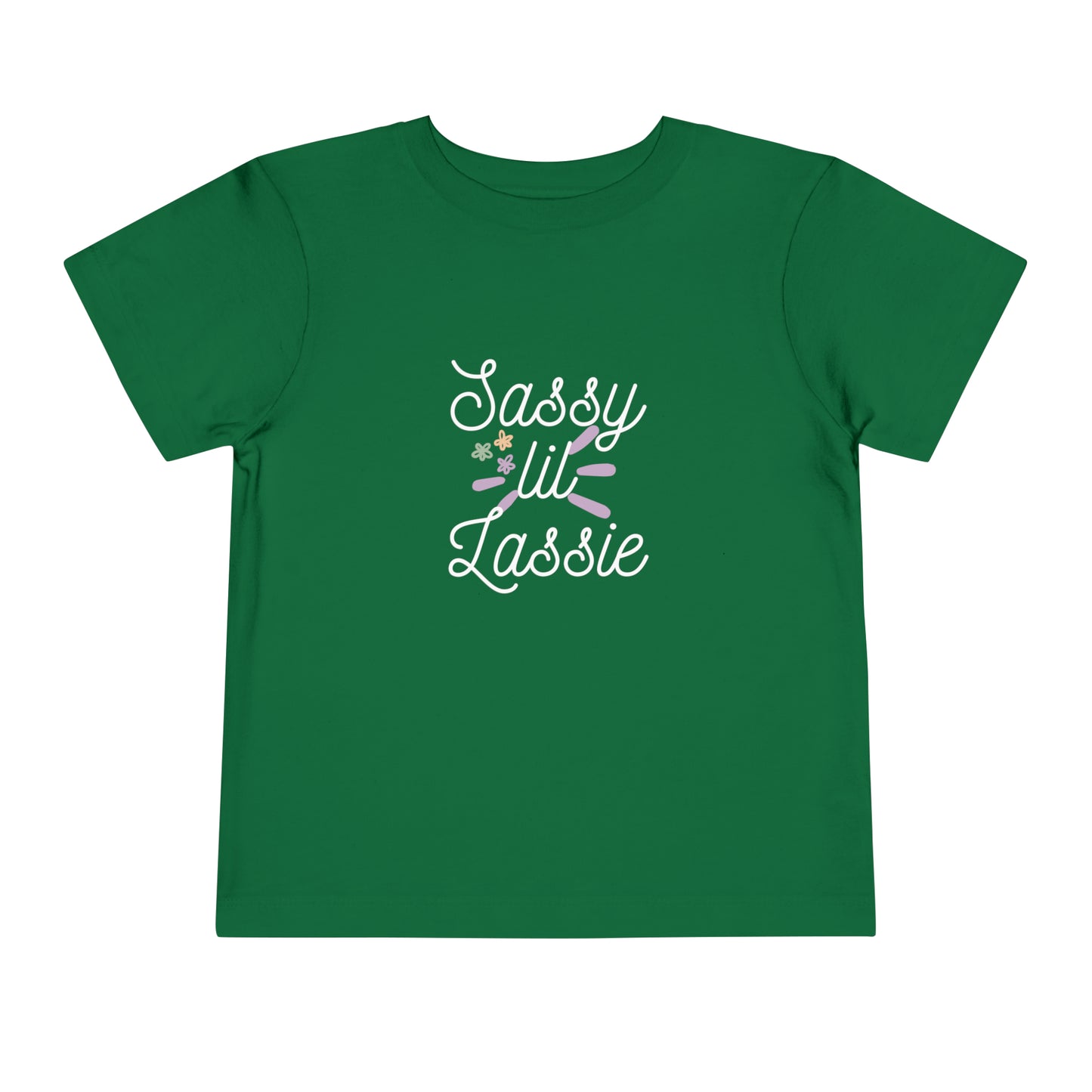 Comfortable funny graphic toddler tee stating 'Sassy Lil Lassie' in color  kelly