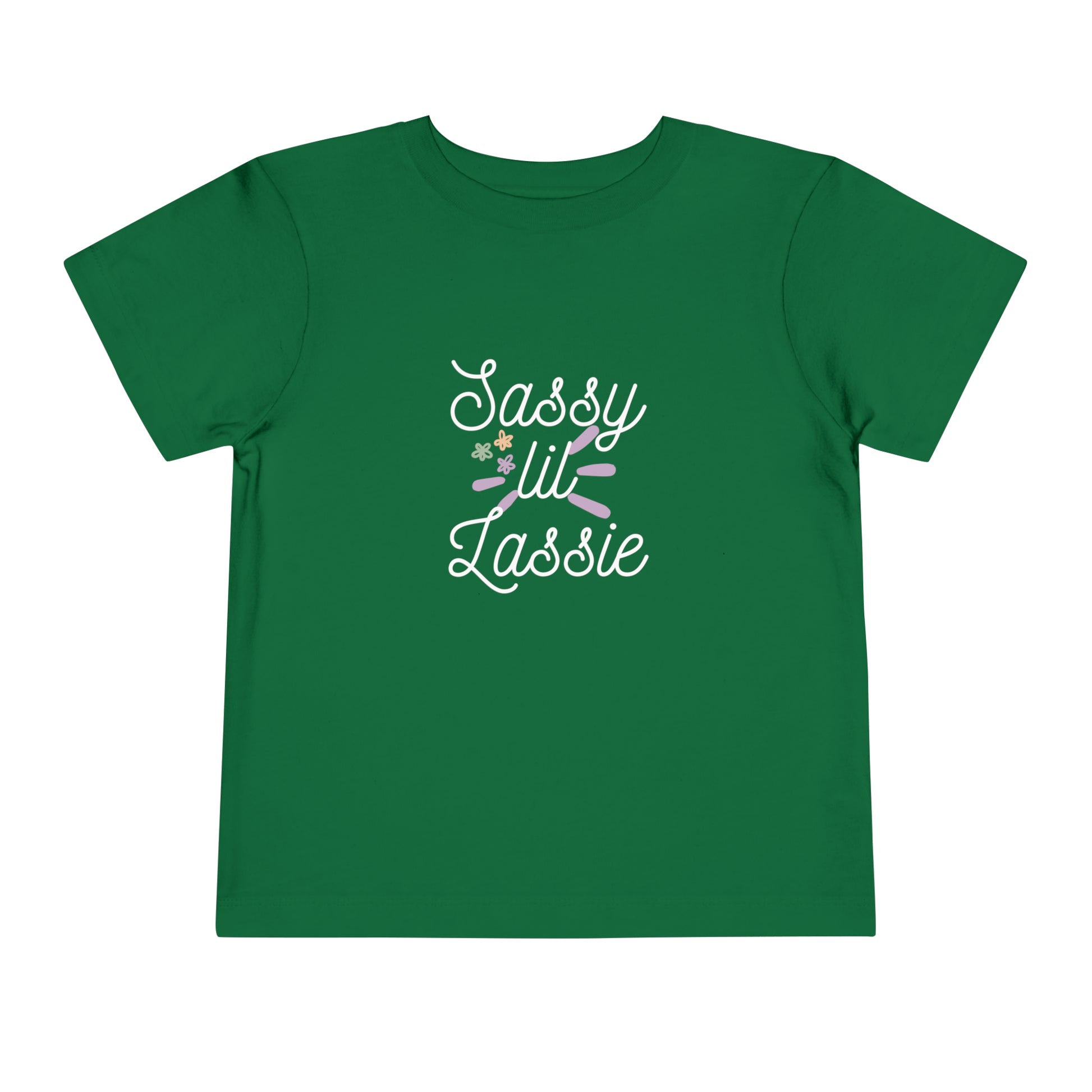 Comfortable funny graphic toddler tee stating 'Sassy Lil Lassie' in color  kelly
