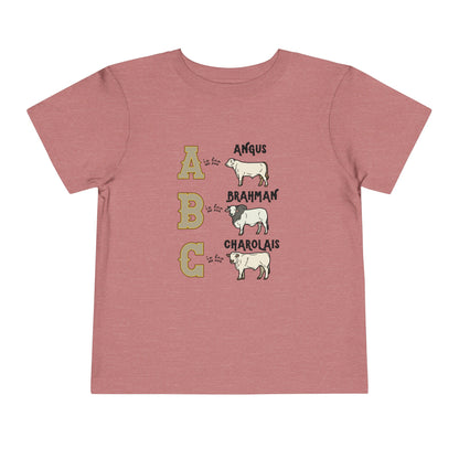 Comfy southern toddler tee stating 'A is for Angus. B is for Brahman. C is for Charolais.' in color heather mauve