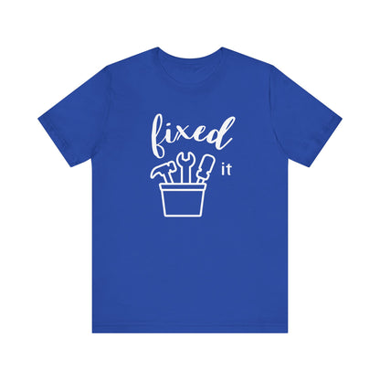 Adult graphic tee stating 'Fixed It' in color true royal