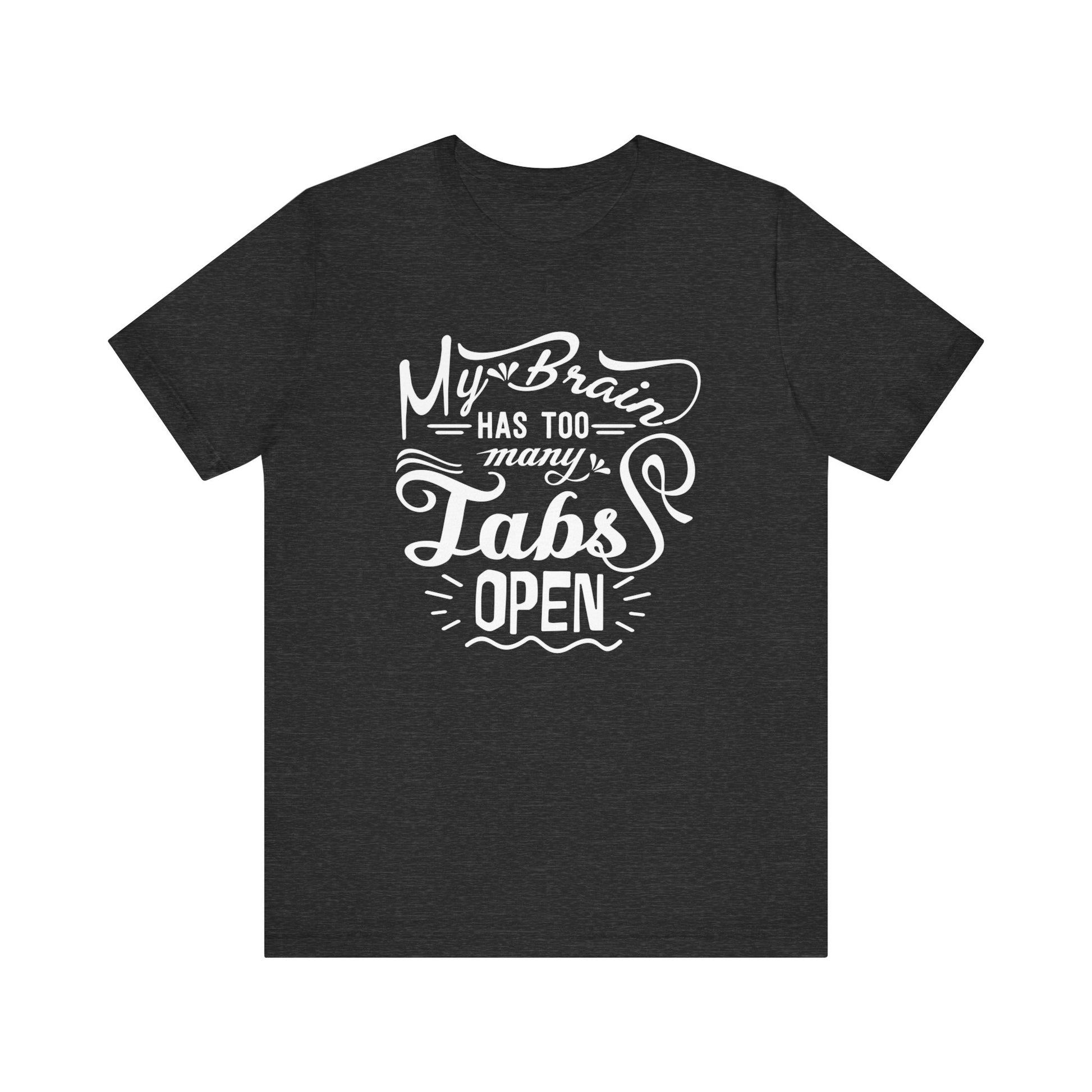 Graphic tee stating 'My brain has too many tabs open' in color heather navy