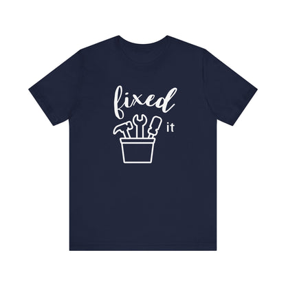 Adult graphic tee stating 'Fixed It' in color navy