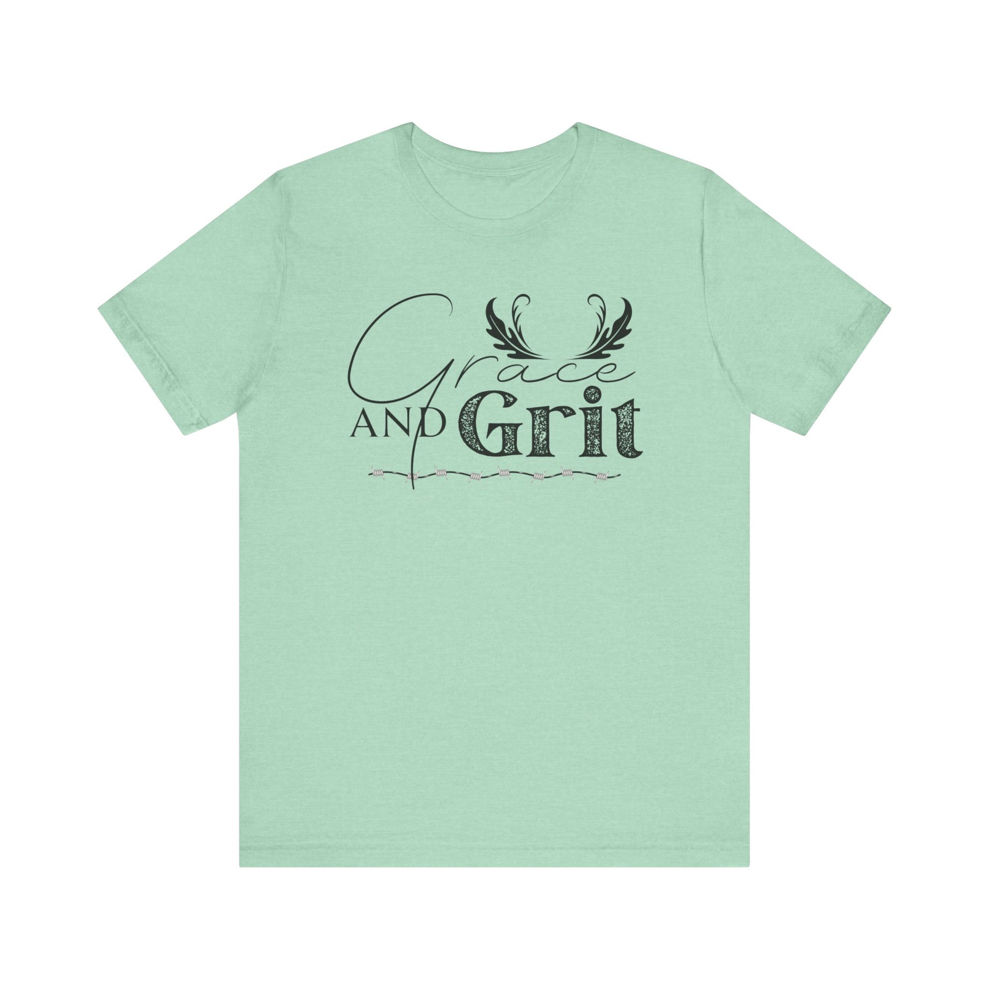 Comfortable southern tee stating 'Grace and Grit' in color mint heather