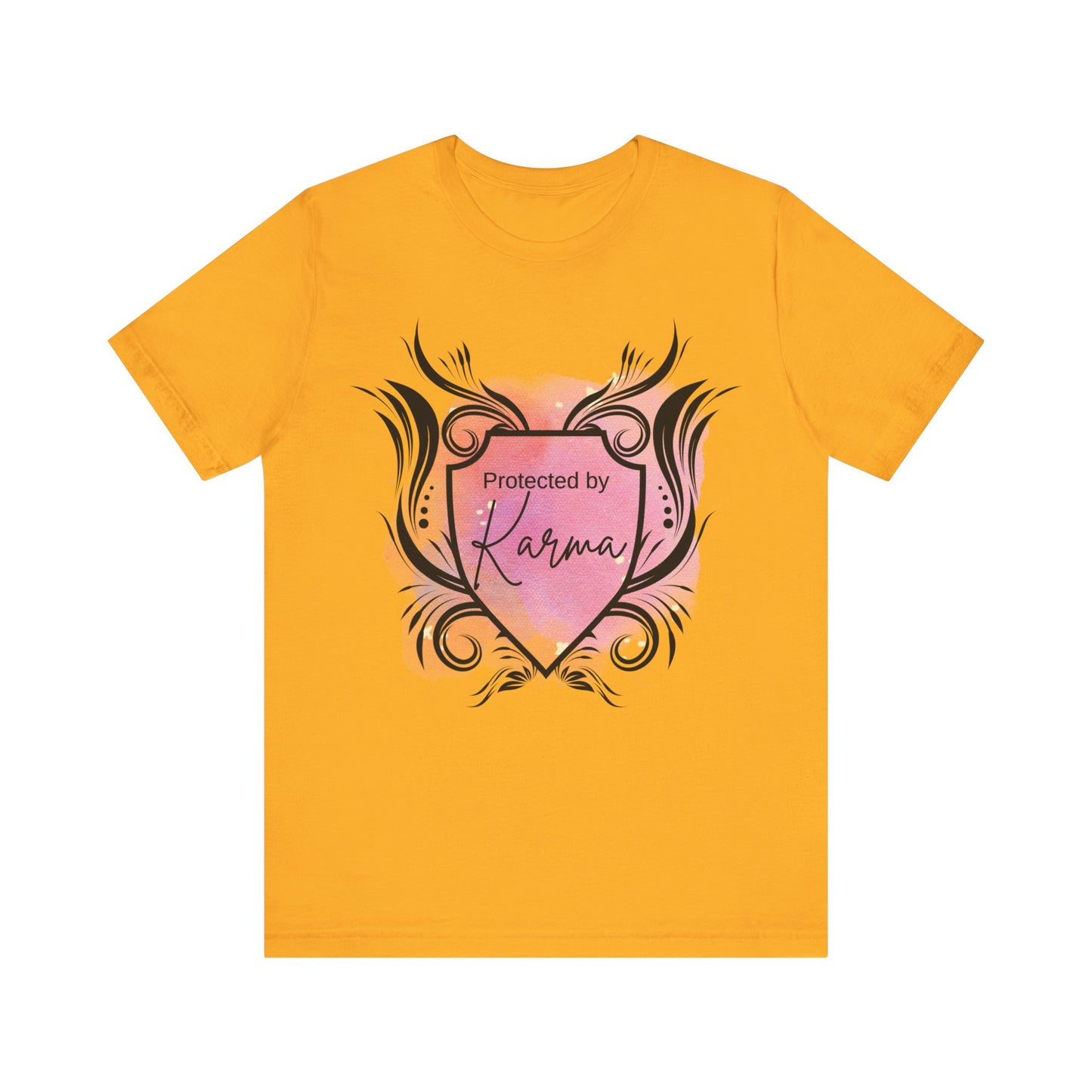 graphic tee stating Protected By Karma in color gold