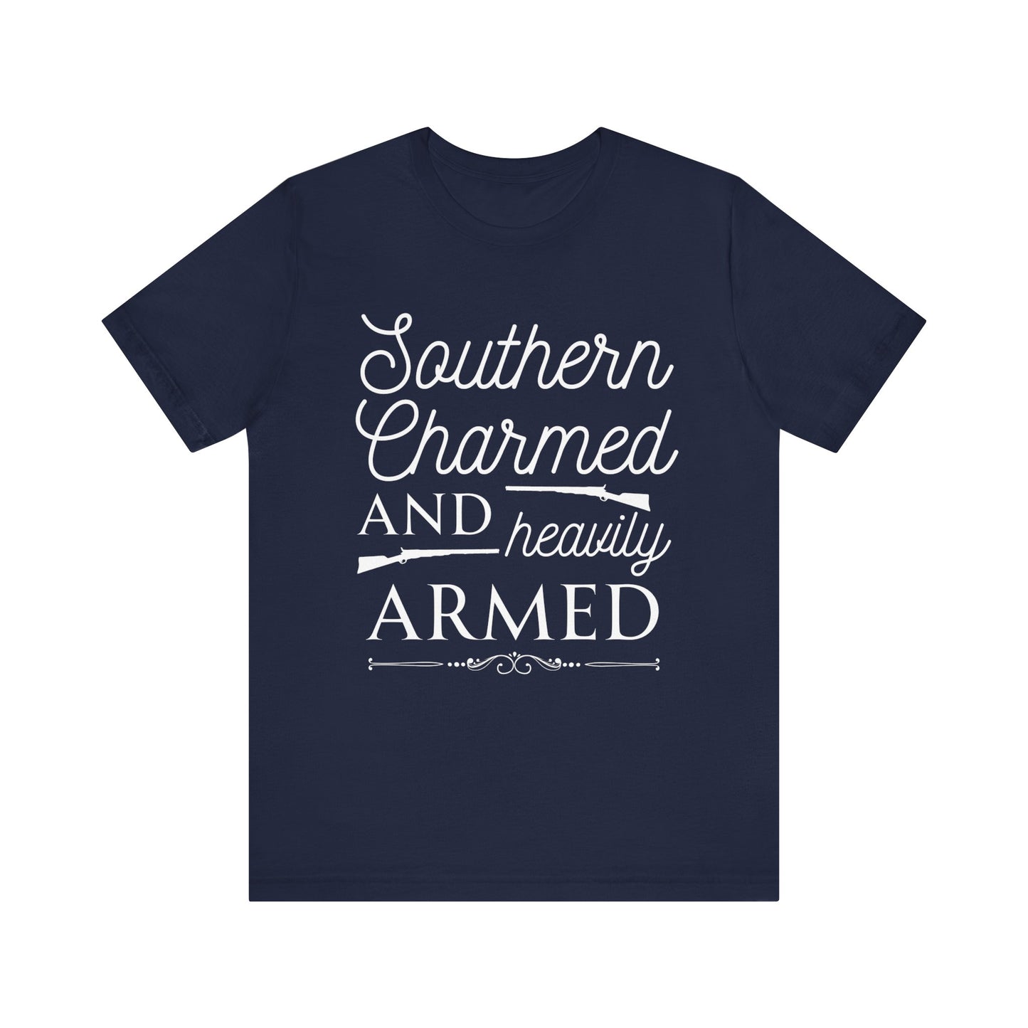 Adult unisex t-shirt stating 'Southern Charmed and Heavily Armed' in color navy