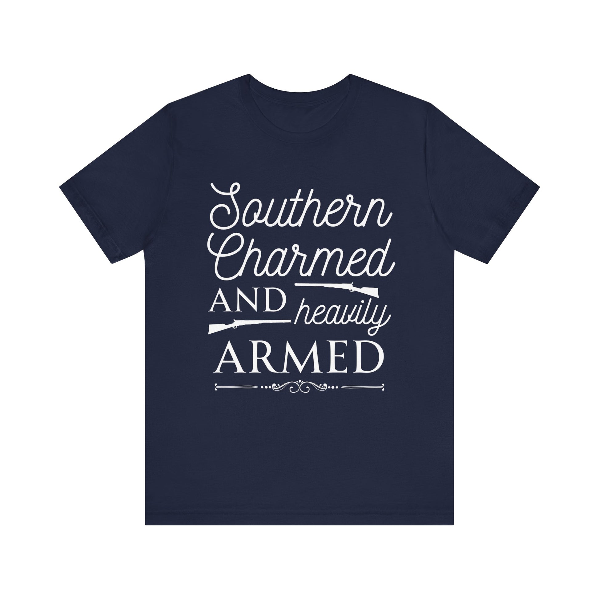 Adult unisex t-shirt stating 'Southern Charmed and Heavily Armed' in color navy