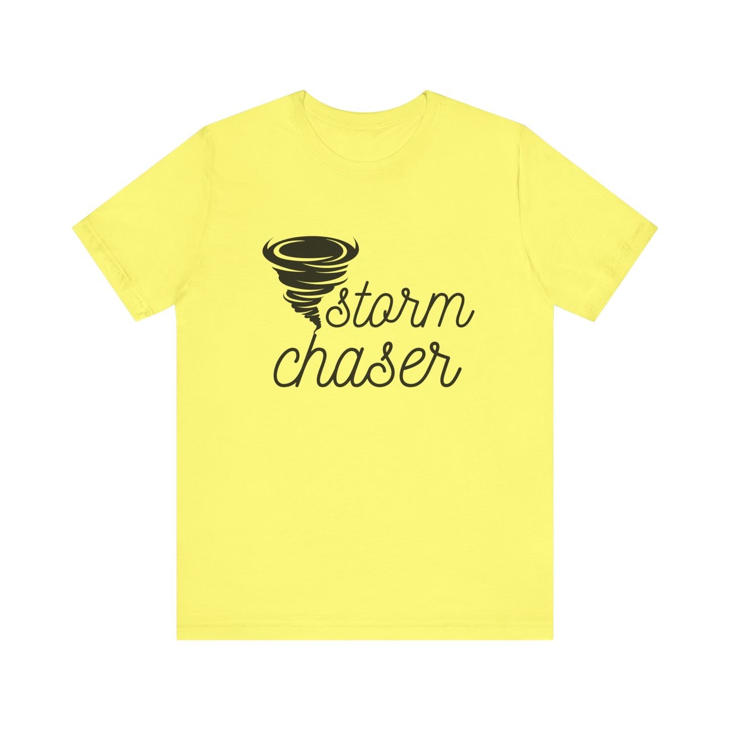 Comfortable graphic tee stating 'Storm Chaser' in color yellow