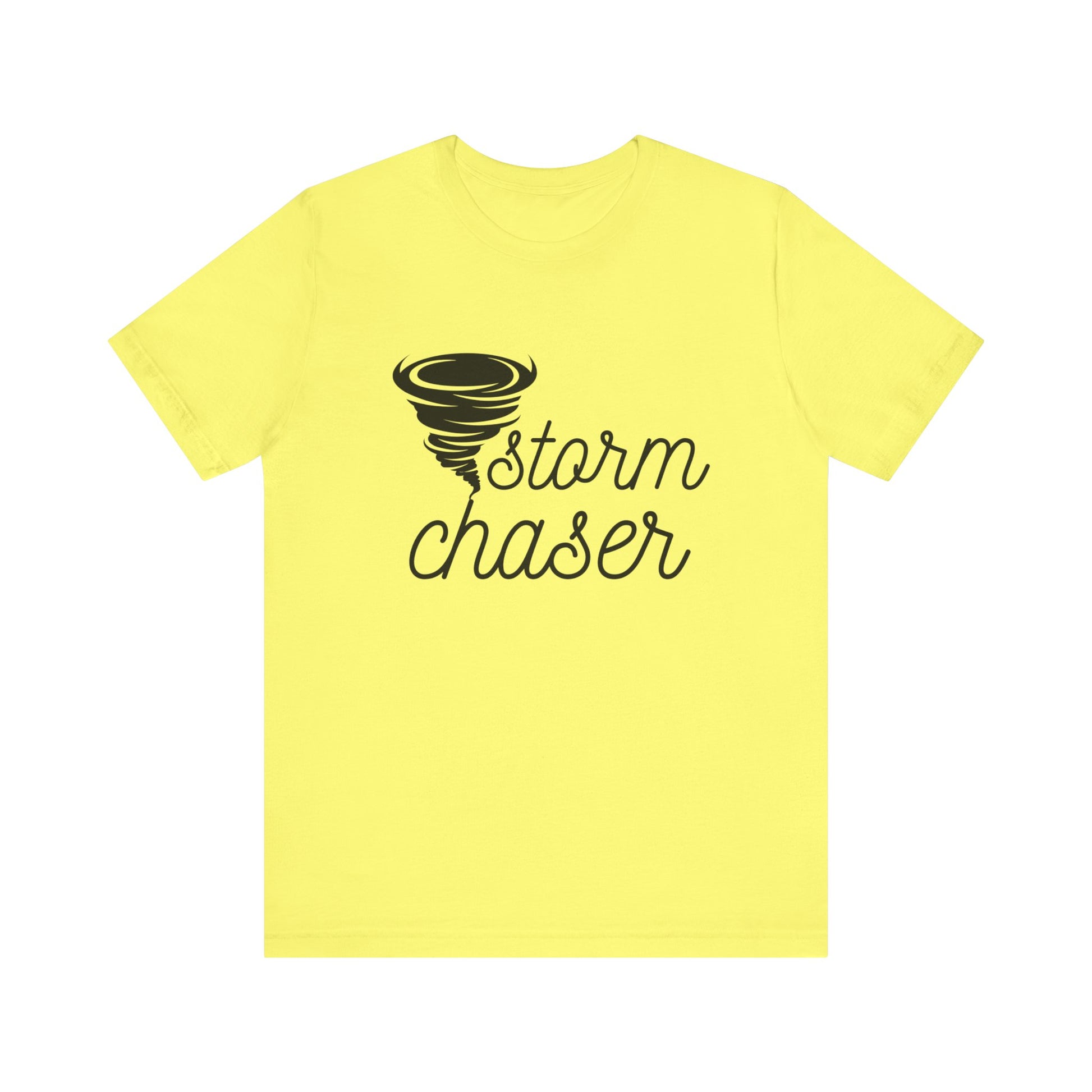 Comfortable graphic tee stating 'Storm Chaser' in color yellow
