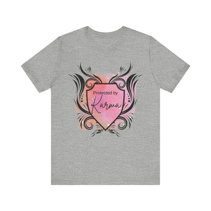 graphic tee stating Protected By Karma in color athletic heather