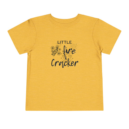 Comfortable funny graphic toddler tee stating 'Little Fire Cracker' in color golden yellow heather