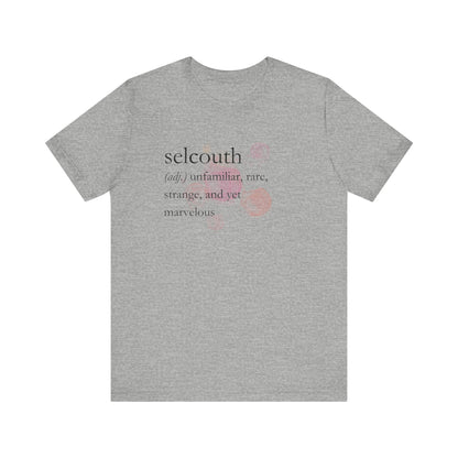 Comfortable women's good vibes tee that states 'selcouth (adj.) unfamiliar, rare, strange, and yet marvelous' in color athletic heather