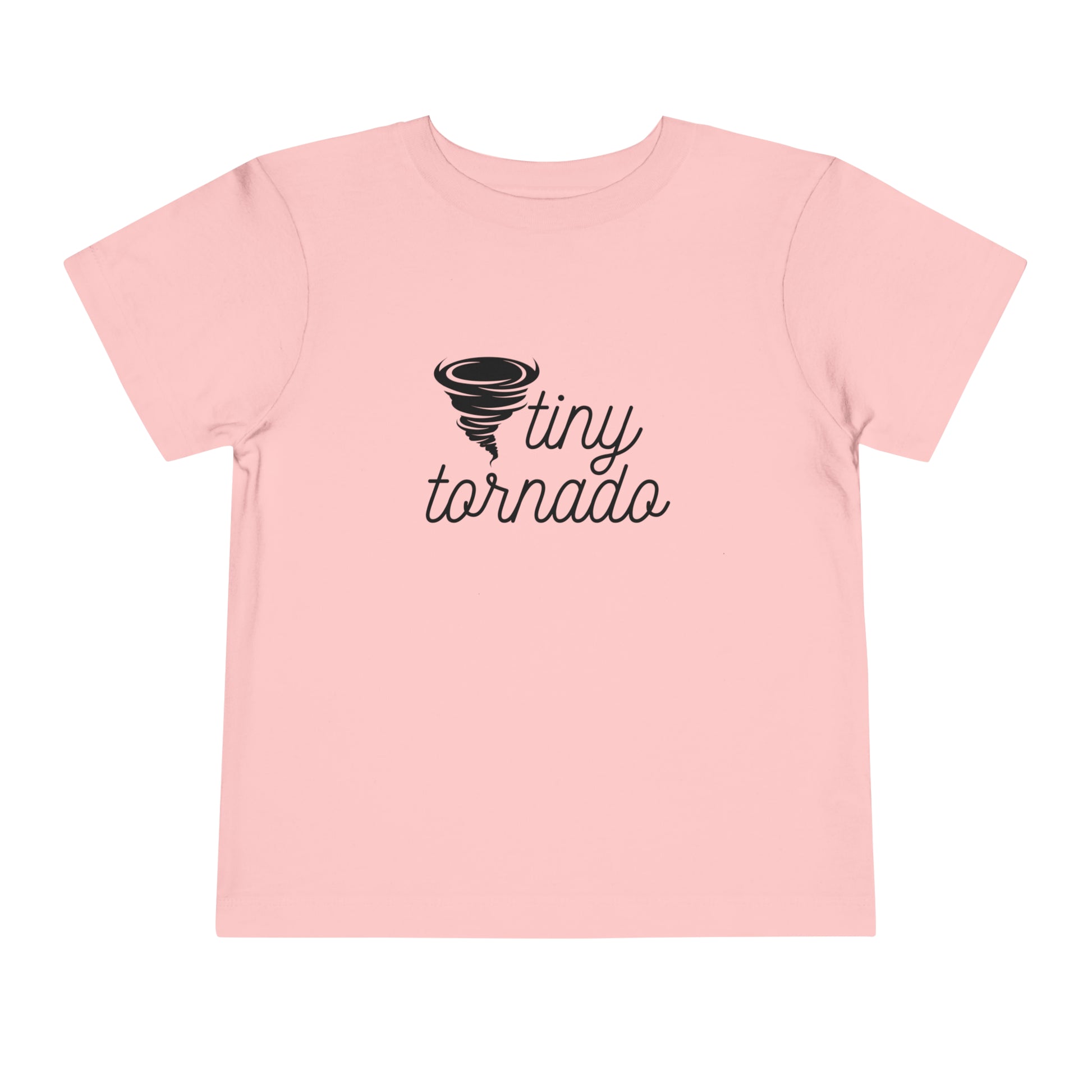 Comfortable funny graphic toddler tee stating 'Tiny Tornado' in color pink