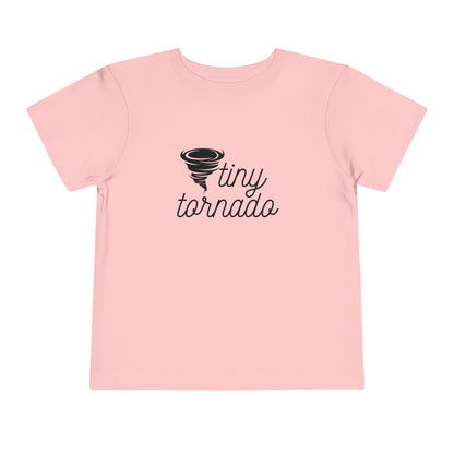 Comfortable funny graphic toddler tee stating 'Tiny Tornado' in color pink