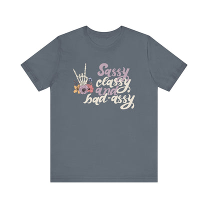 Women's graphic adult humor tee stating 'Sassy Classy and Bad-Assy' in color steel blue