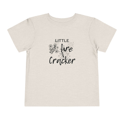 Comfortable funny graphic toddler tee stating 'Little Fire Cracker' in color heather dust