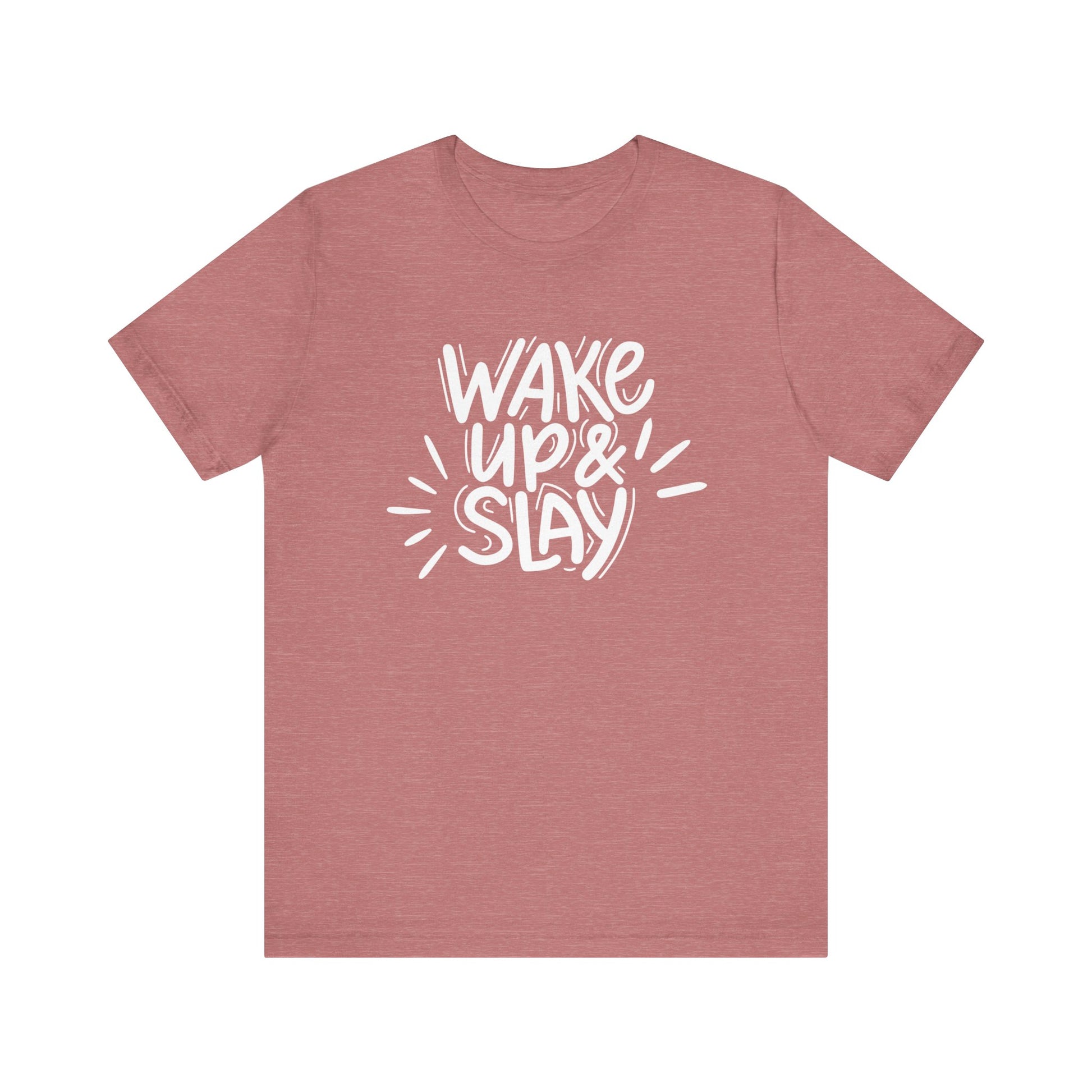 Women's good vibes graphic tee stating 'Wake up and slay' in color heather mauve
