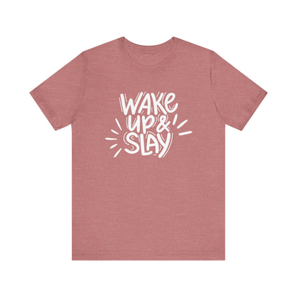 Women's good vibes graphic tee stating 'Wake up and slay' in color heather mauve