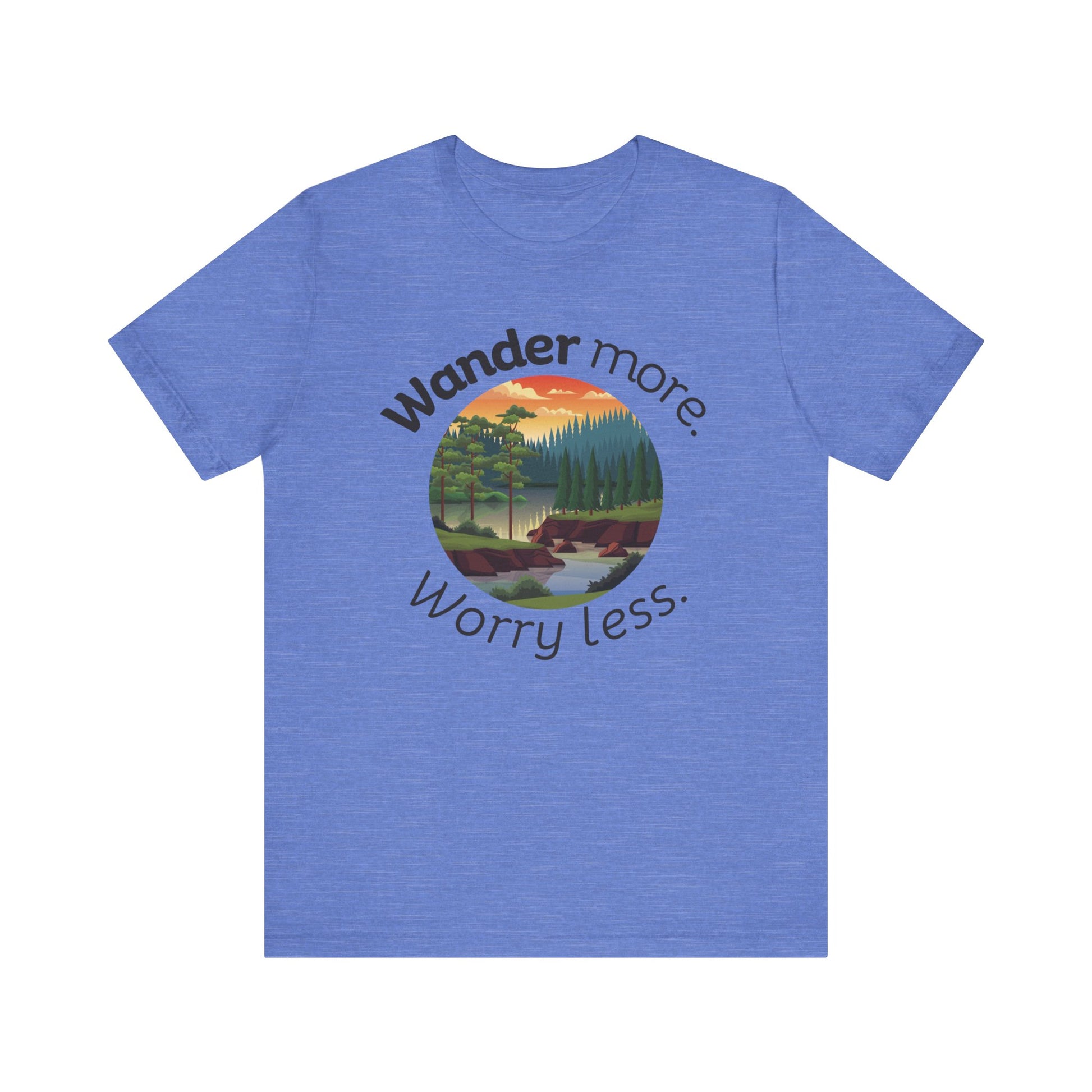 Cotton t-shirt stating 'Wander more. Worry less.' in color heather columbia blue
