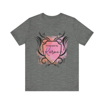 graphic tee stating Protected By Karma in color deep heather