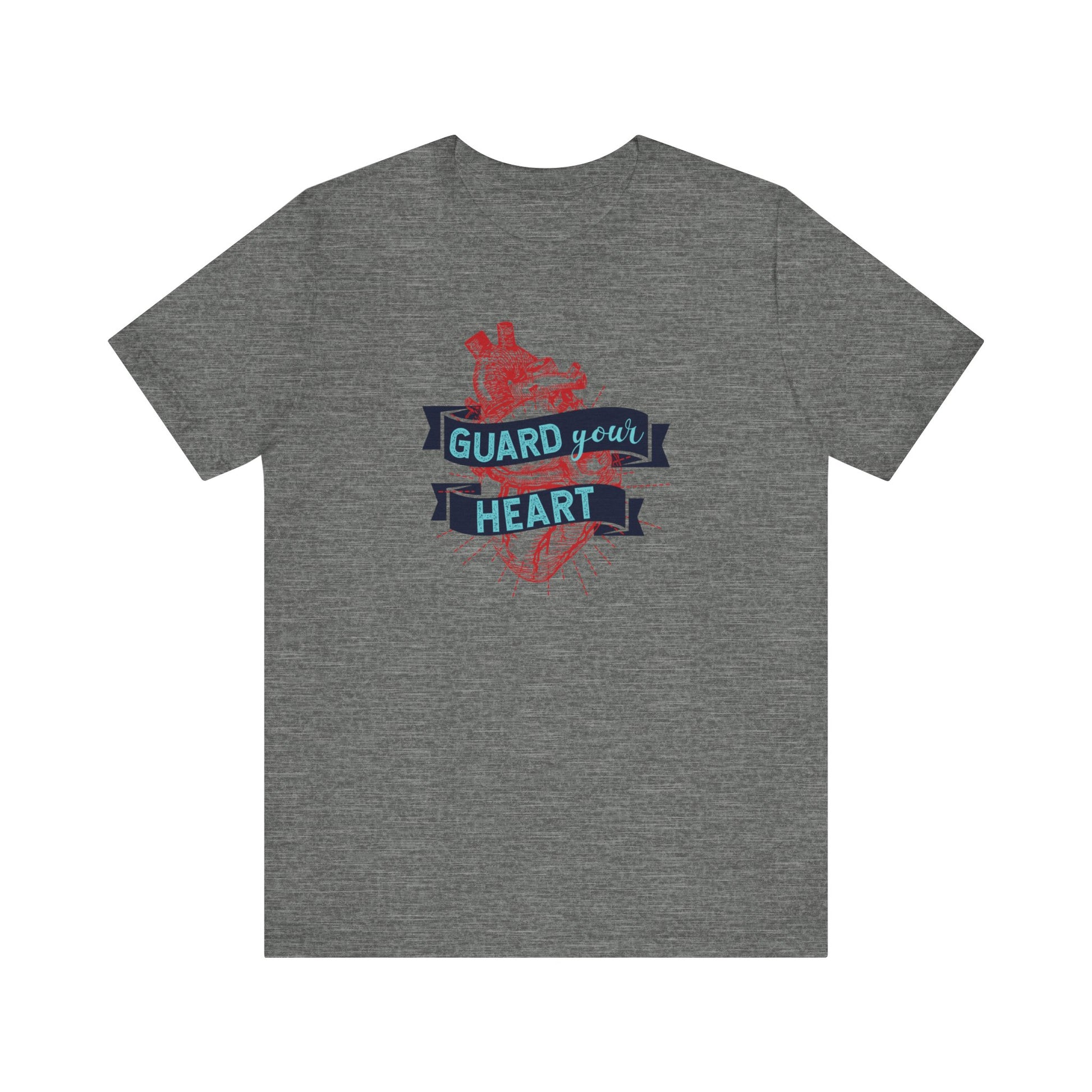 A cotton graphic tee stating 'Guard Your Heart' in color deep heather