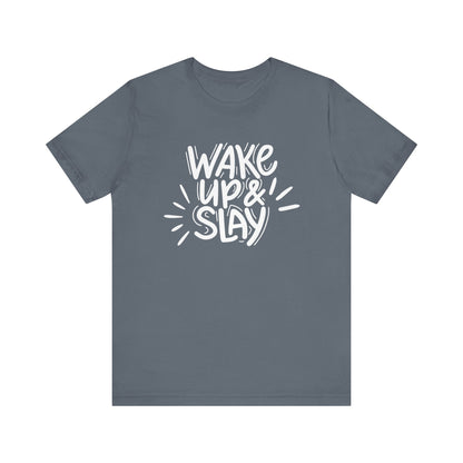 Women's good vibes graphic tee stating 'Wake up and slay' in color steel blue