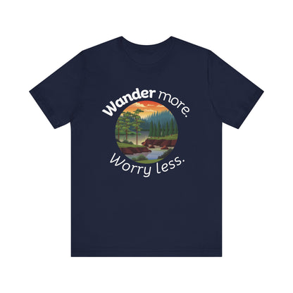 Cotton t-shirt stating 'Wander more. Worry less.' in color navy