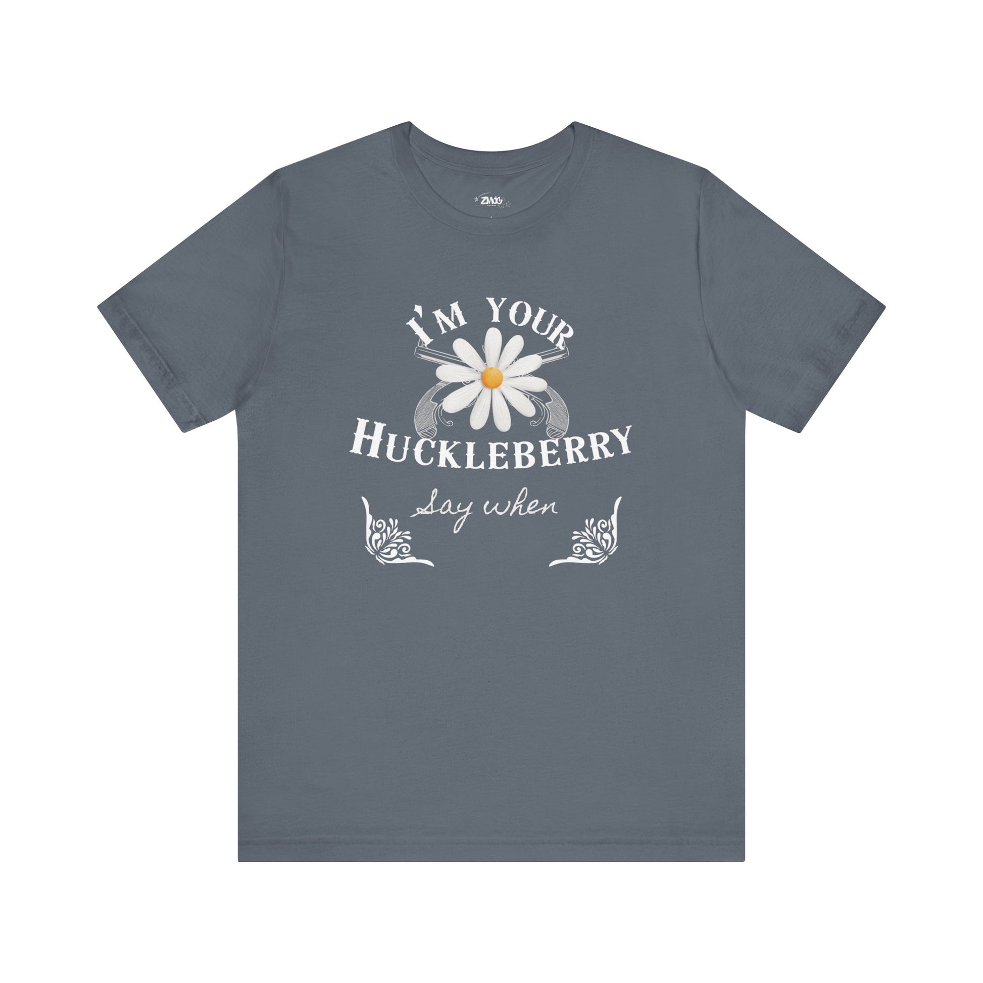 comfortable graphic t-shirt stating I'm Your Huckleberry - Say When in color  asphalt