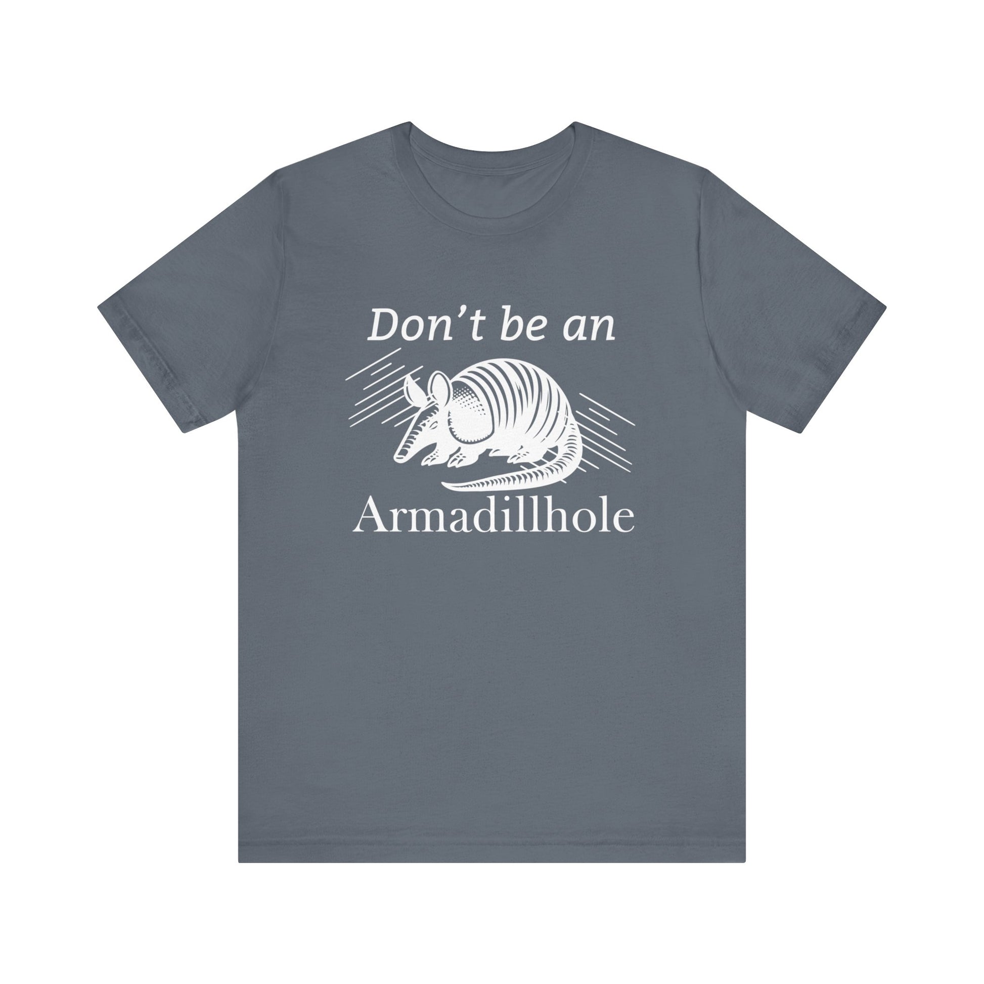 Unisex t-shirt stating 'Don't be an Armadillhole' in color steel blue