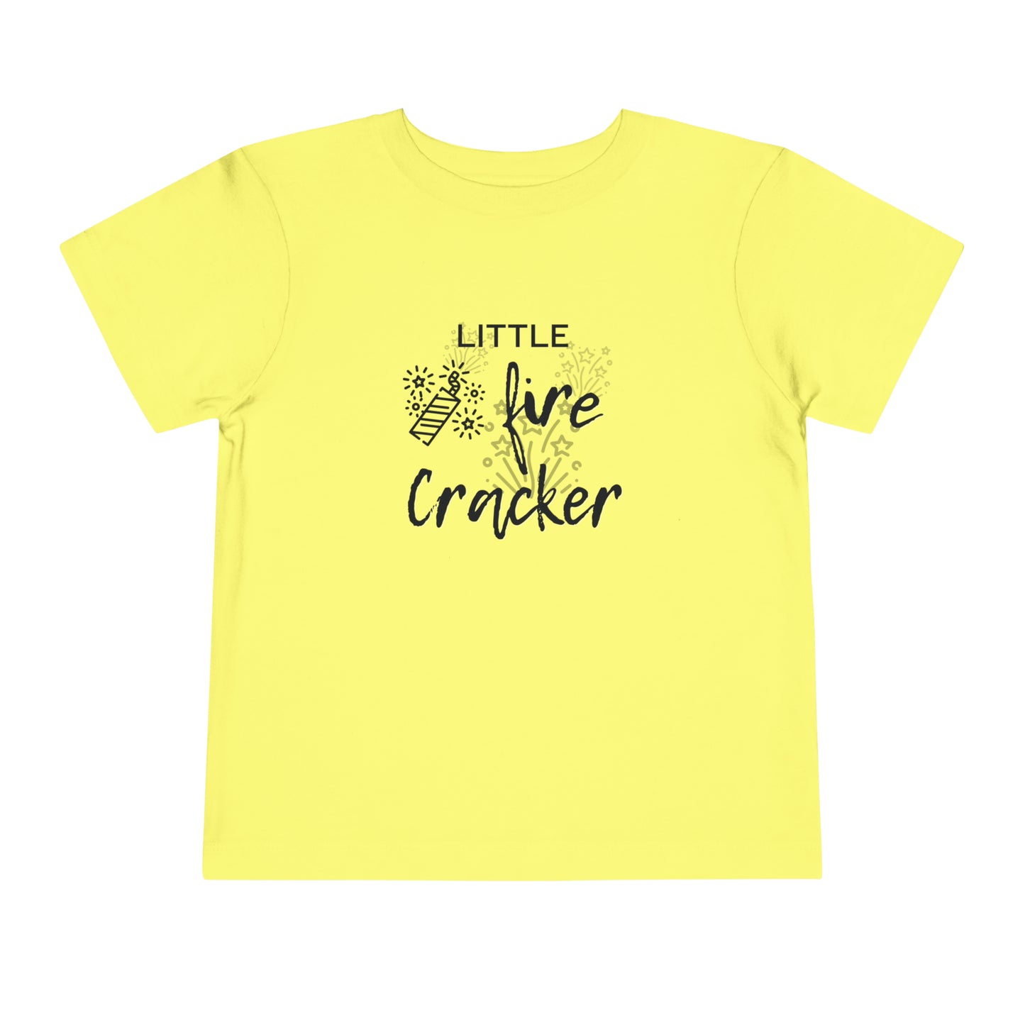 Comfortable funny graphic toddler tee stating 'Little Fire Cracker' in color yellow