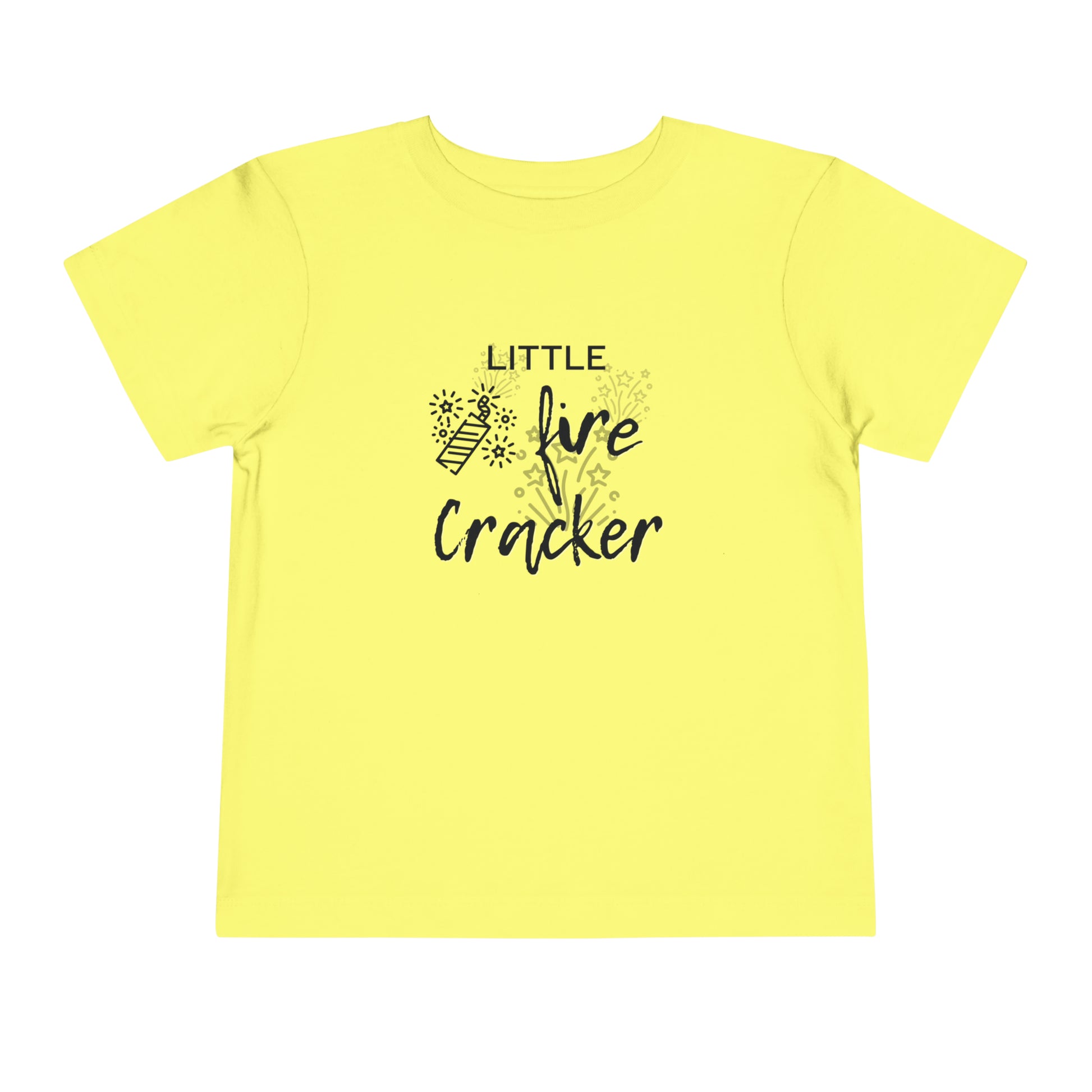 Comfortable funny graphic toddler tee stating 'Little Fire Cracker' in color yellow