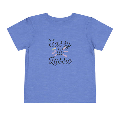Comfortable funny graphic toddler tee stating 'Sassy Lil Lassie' in color  heather columbia blue