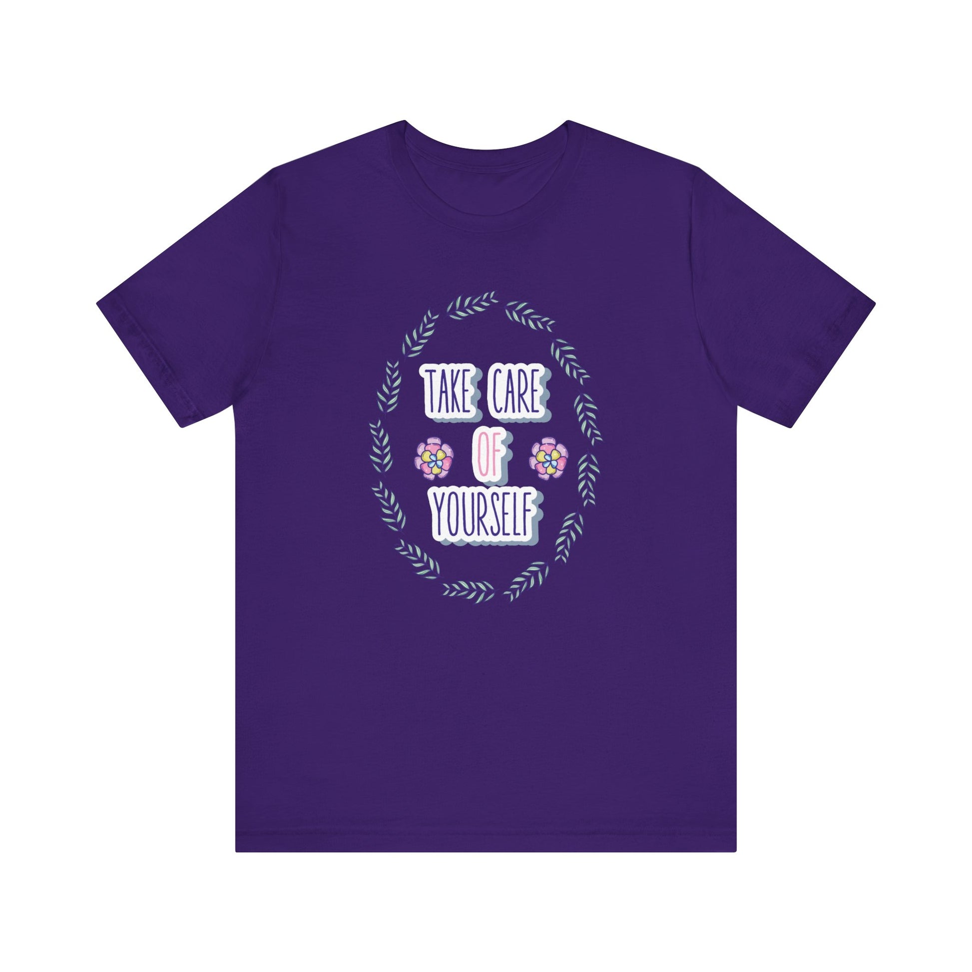 Woman's good vibe graphic tee stating 'Take Care of Yourself' in color purple