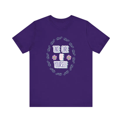 Woman's good vibe graphic tee stating 'Take Care of Yourself' in color purple