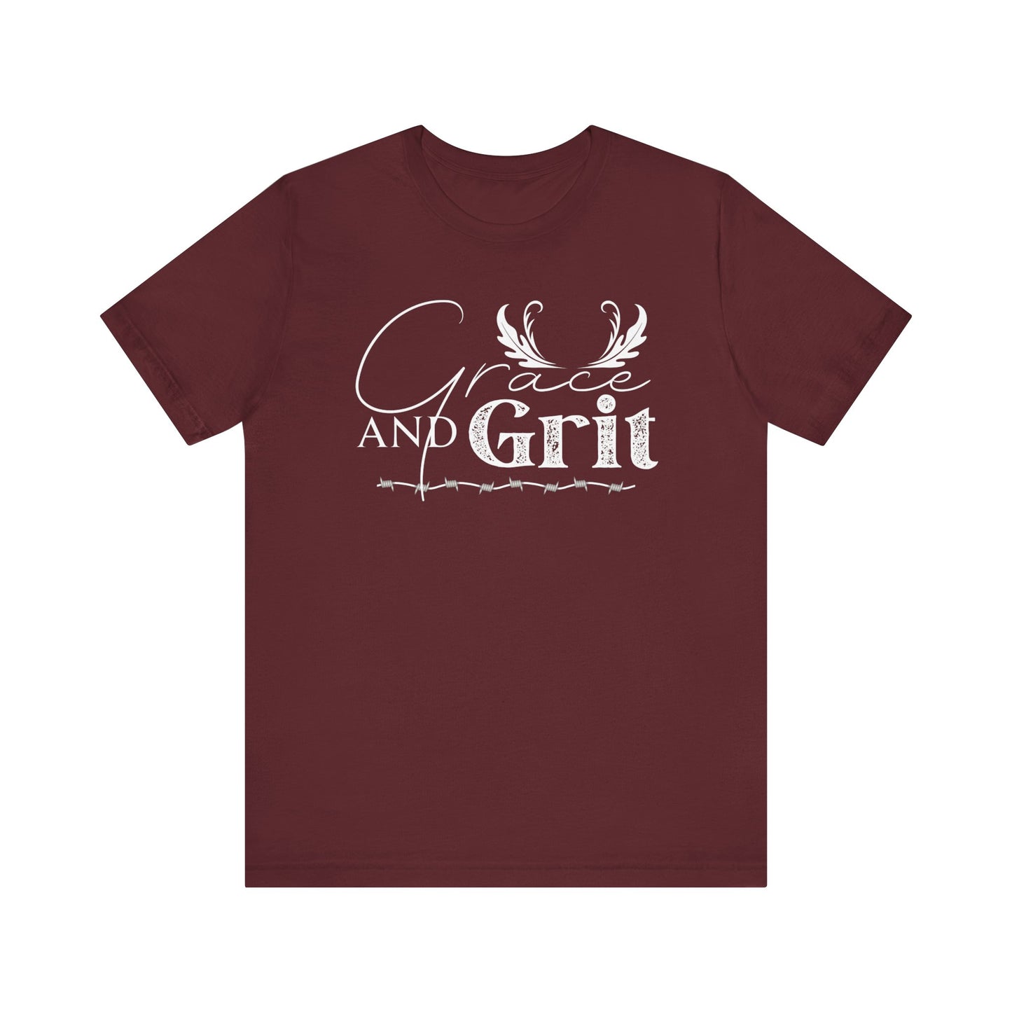Comfortable southern tee stating 'Grace and Grit' in color maroon