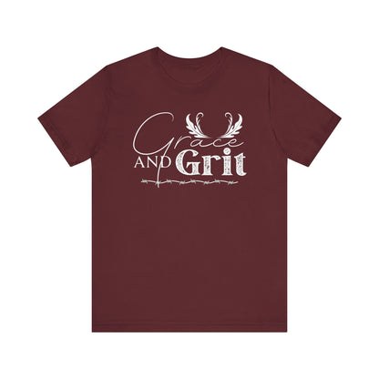 Comfortable southern tee stating 'Grace and Grit' in color maroon