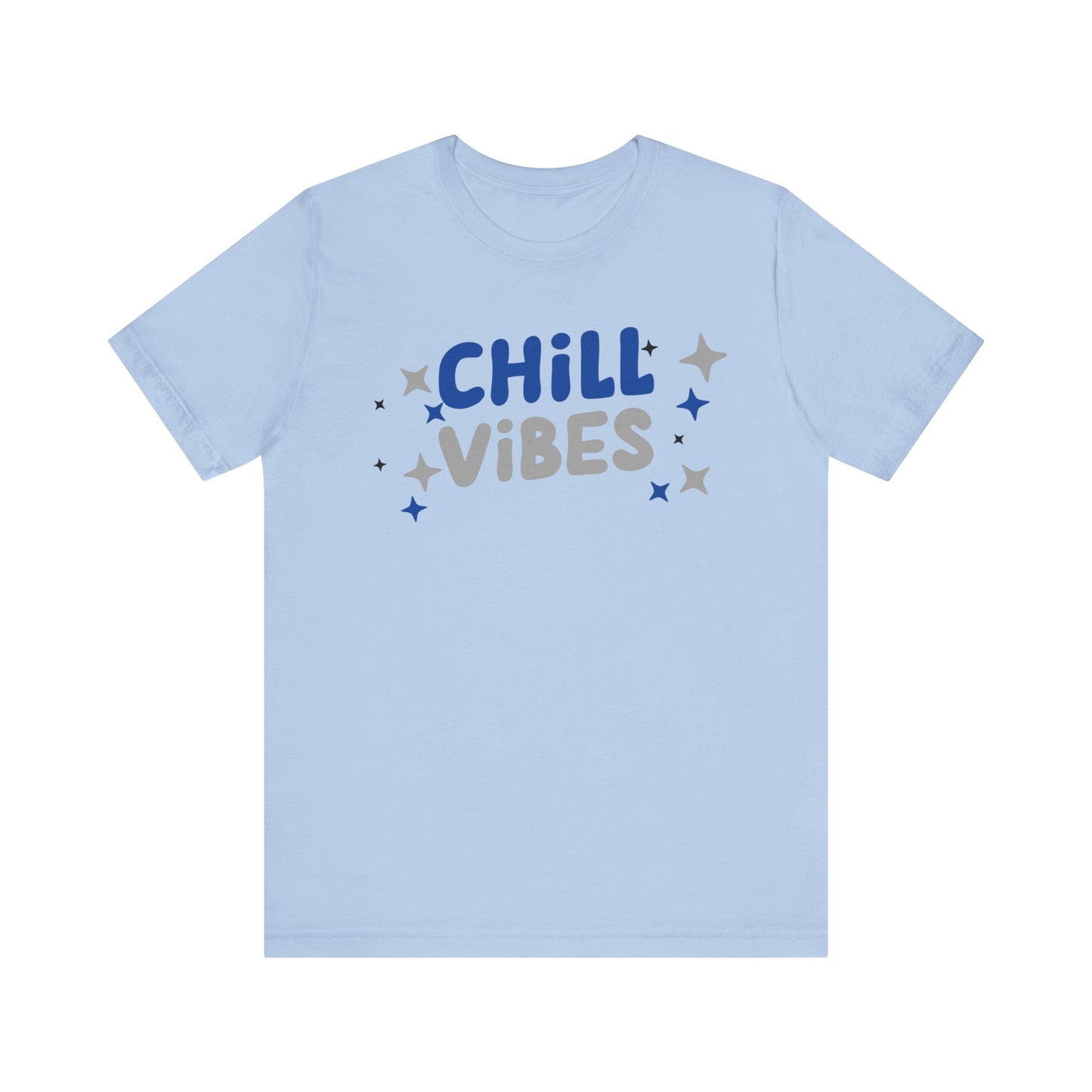 Cotton graphic tee stating 'Chill Vibes' in color baby blue