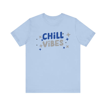 Cotton graphic tee stating 'Chill Vibes' in color baby blue