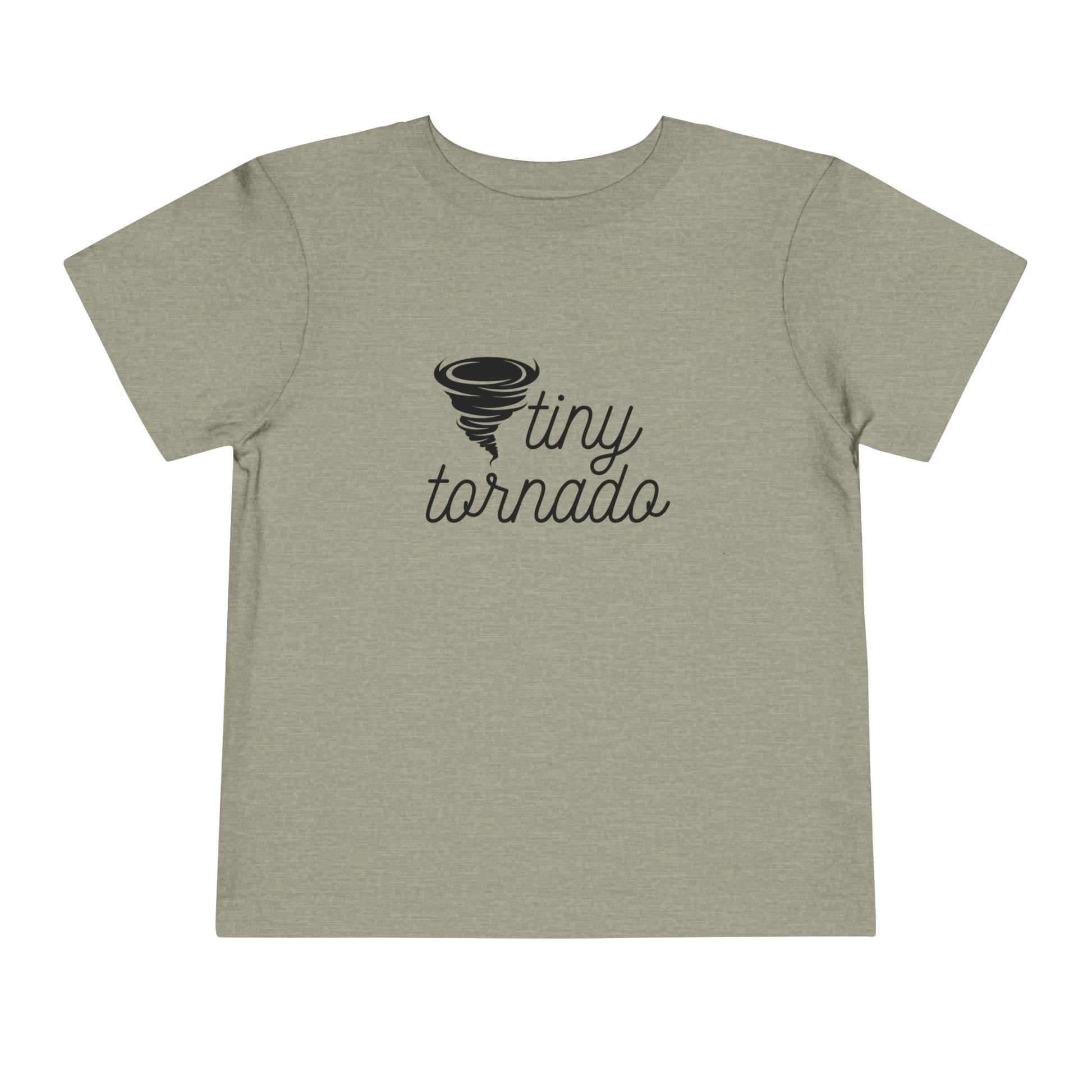 Comfortable funny graphic toddler tee stating 'Tiny Tornado' in color stone heather