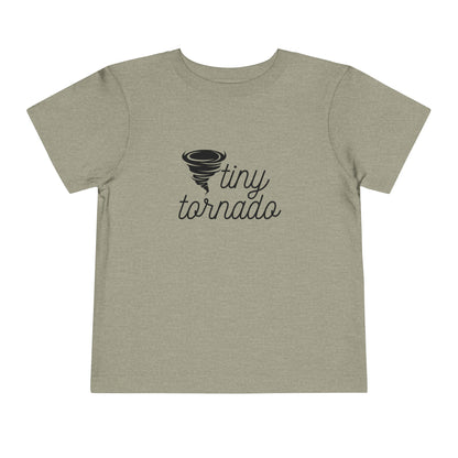 Comfortable funny graphic toddler tee stating 'Tiny Tornado' in color stone heather