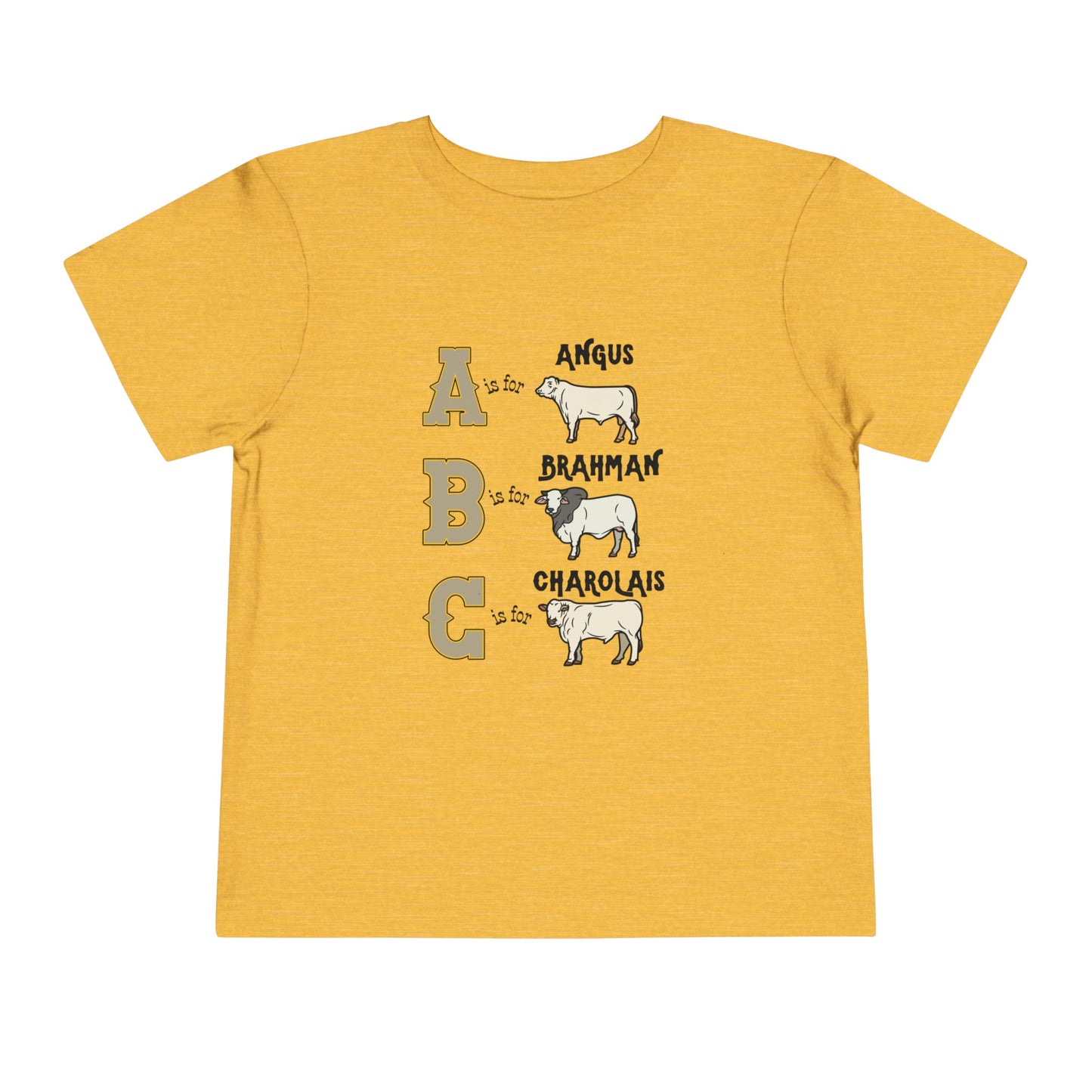Comfy southern toddler tee stating 'A is for Angus. B is for Brahman. C is for Charolais.' in color heather yellow gold