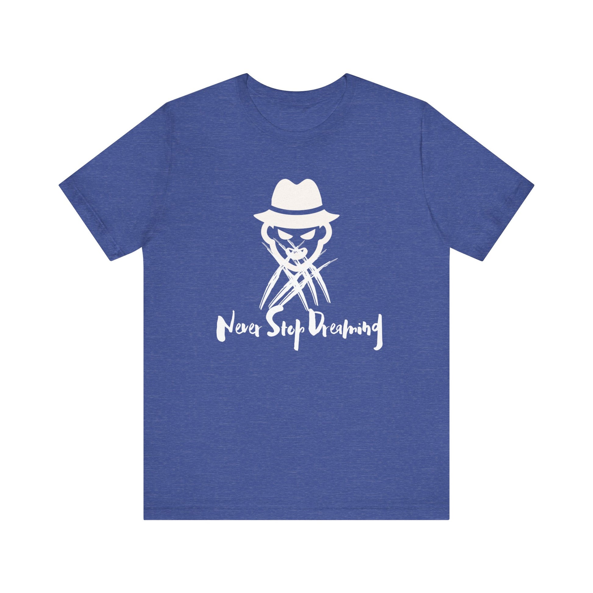 Comfortable Halloween unisex tee with Freddy Kruegar that states 'Never Stop Dreaming' in color true royal blue