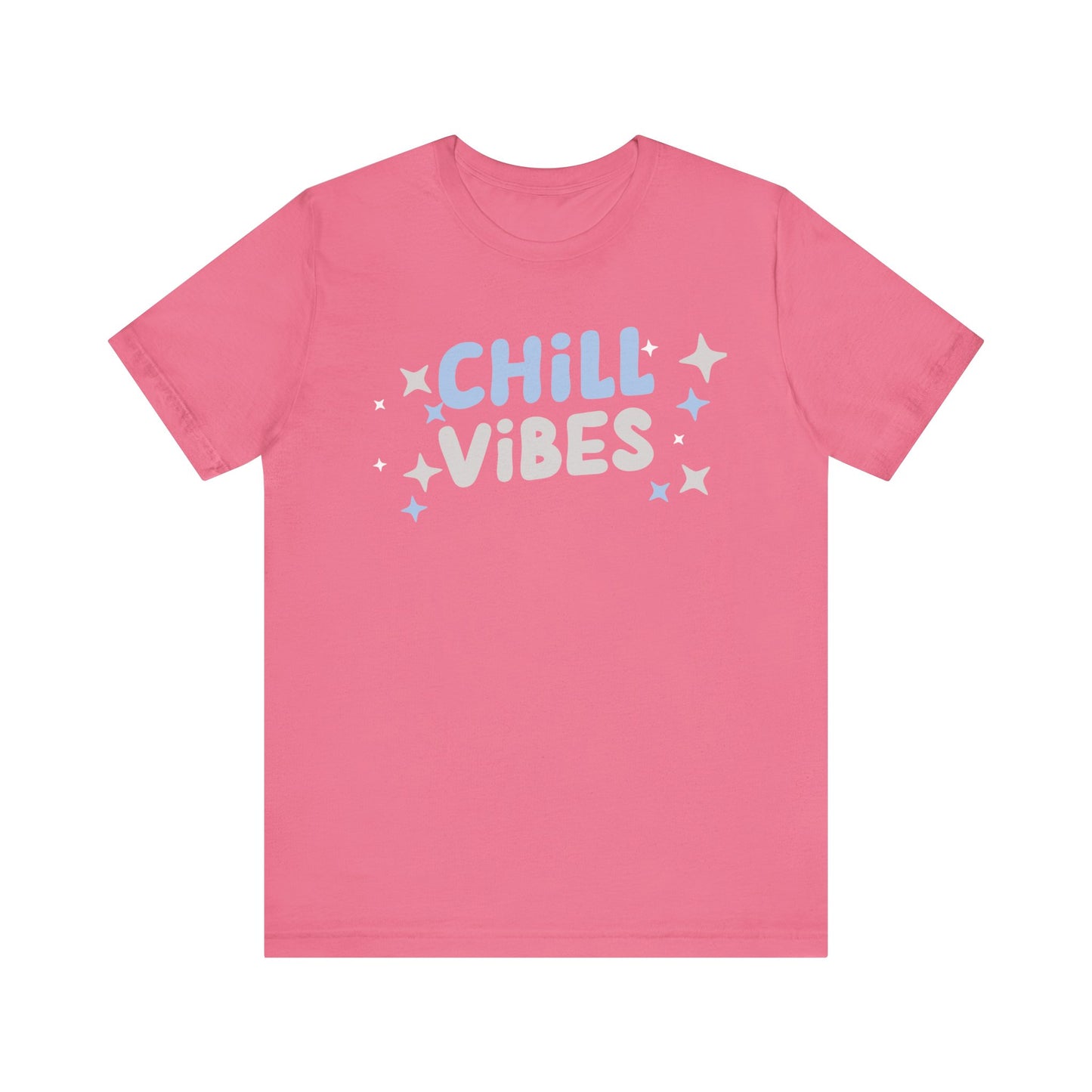Cotton graphic tee stating 'Chill Vibes' in color charity pink