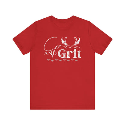 Comfortable southern tee stating 'Grace and Grit' in color red