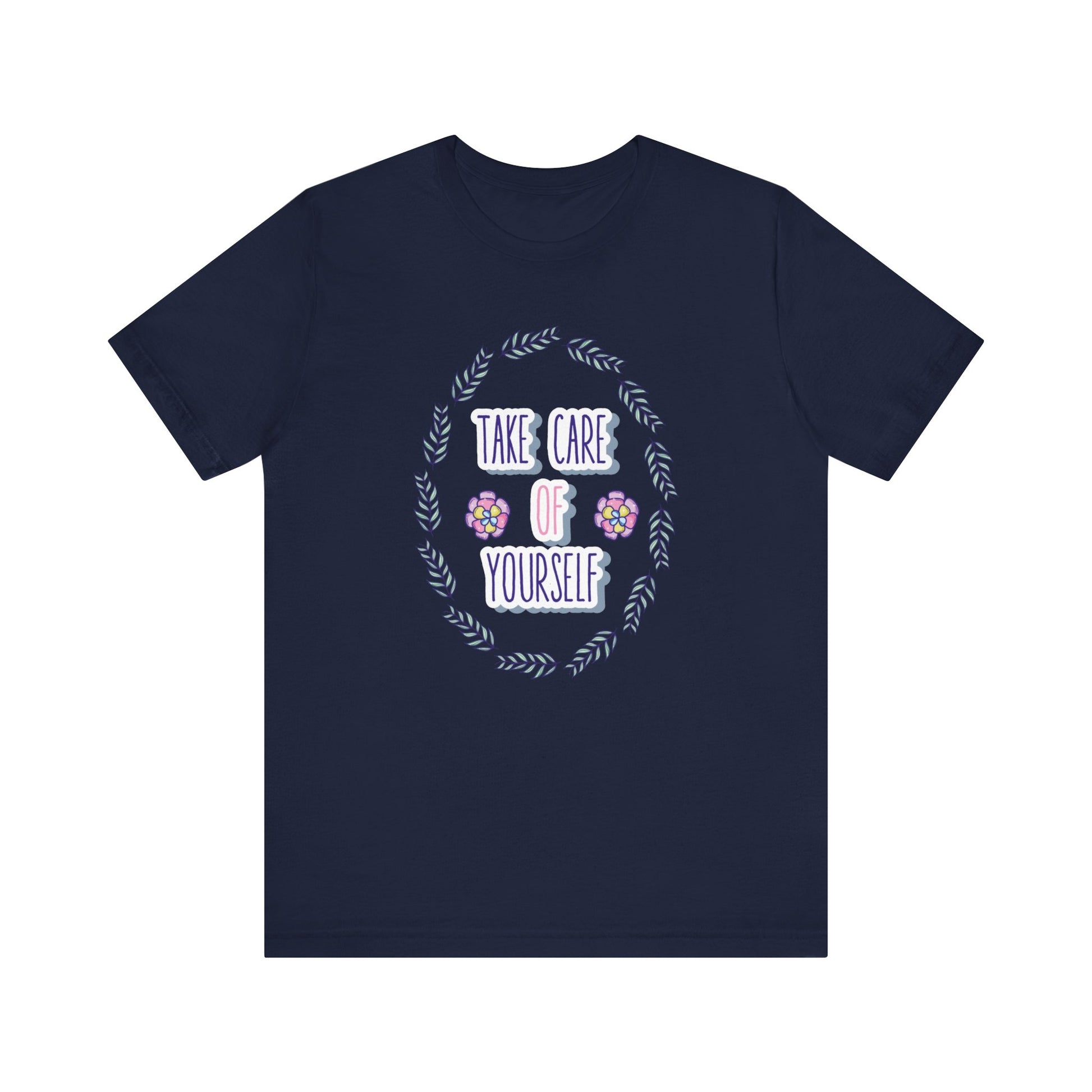 Woman's good vibe graphic tee stating 'Take Care of Yourself' in color navy