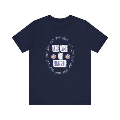 Woman's good vibe graphic tee stating 'Take Care of Yourself' in color navy